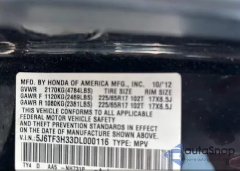 2013 Honda Crosstour Ex from USA, damaged, VIN 5J6TF3H33DL000116